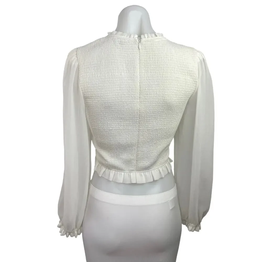 Aritzia Wilfred Women's White Puff Sleeve Smocked Ruffle Peplum Sweater Top Sz S